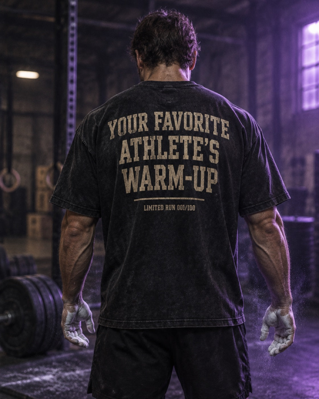 Back of the Your Favorite Athlete's Warm-Up tee on an athlete in the gym