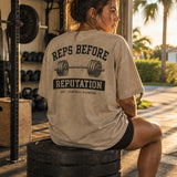 Reps Before Reputation tee worn in a Florida garage gym
