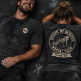 Death By Burpee Social Club tee on two athletes after a workout