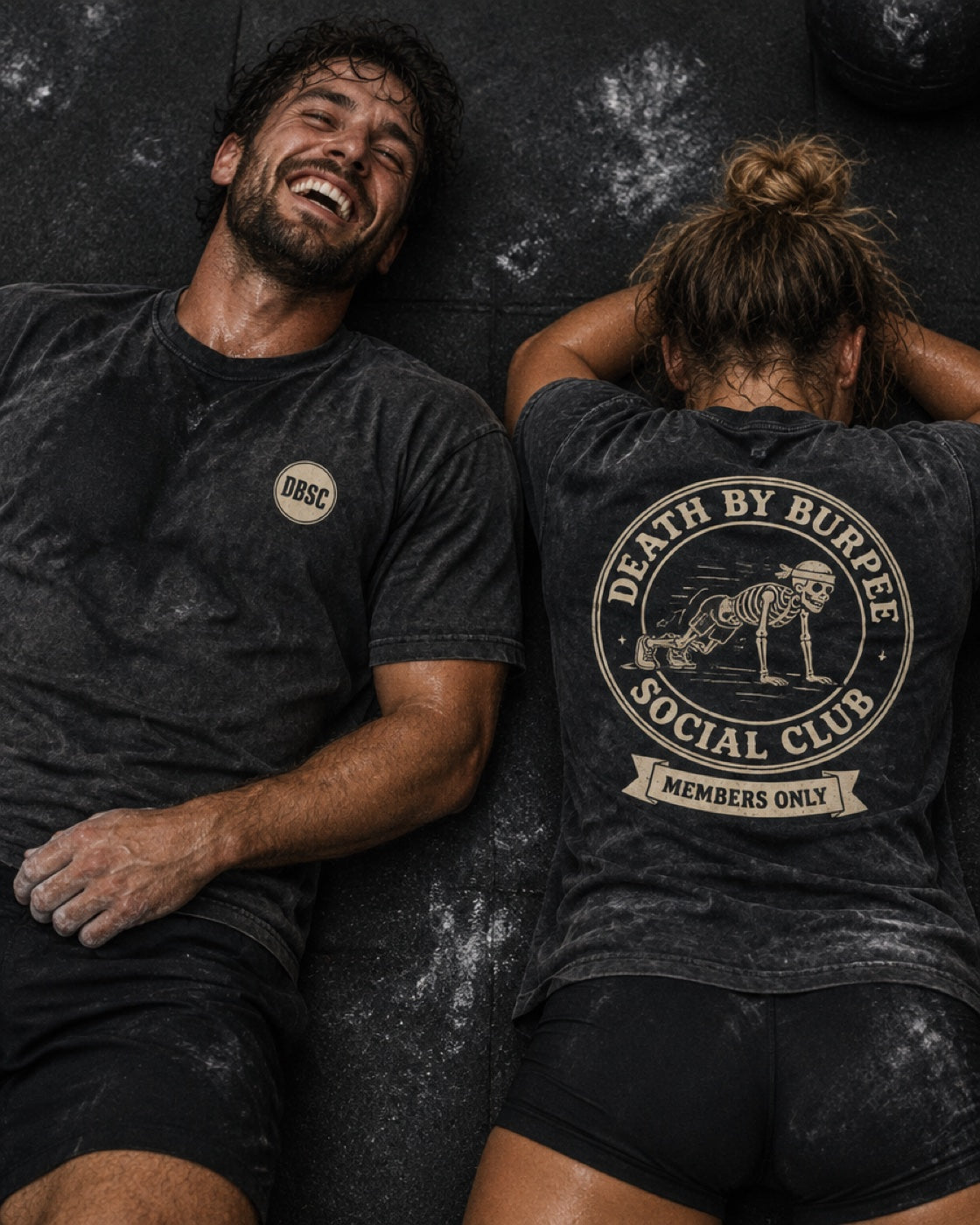 Death By Burpee Social Club tee on two athletes after a workout
