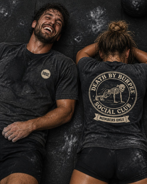 Death By Burpee Social Club tee on two athletes after a workout