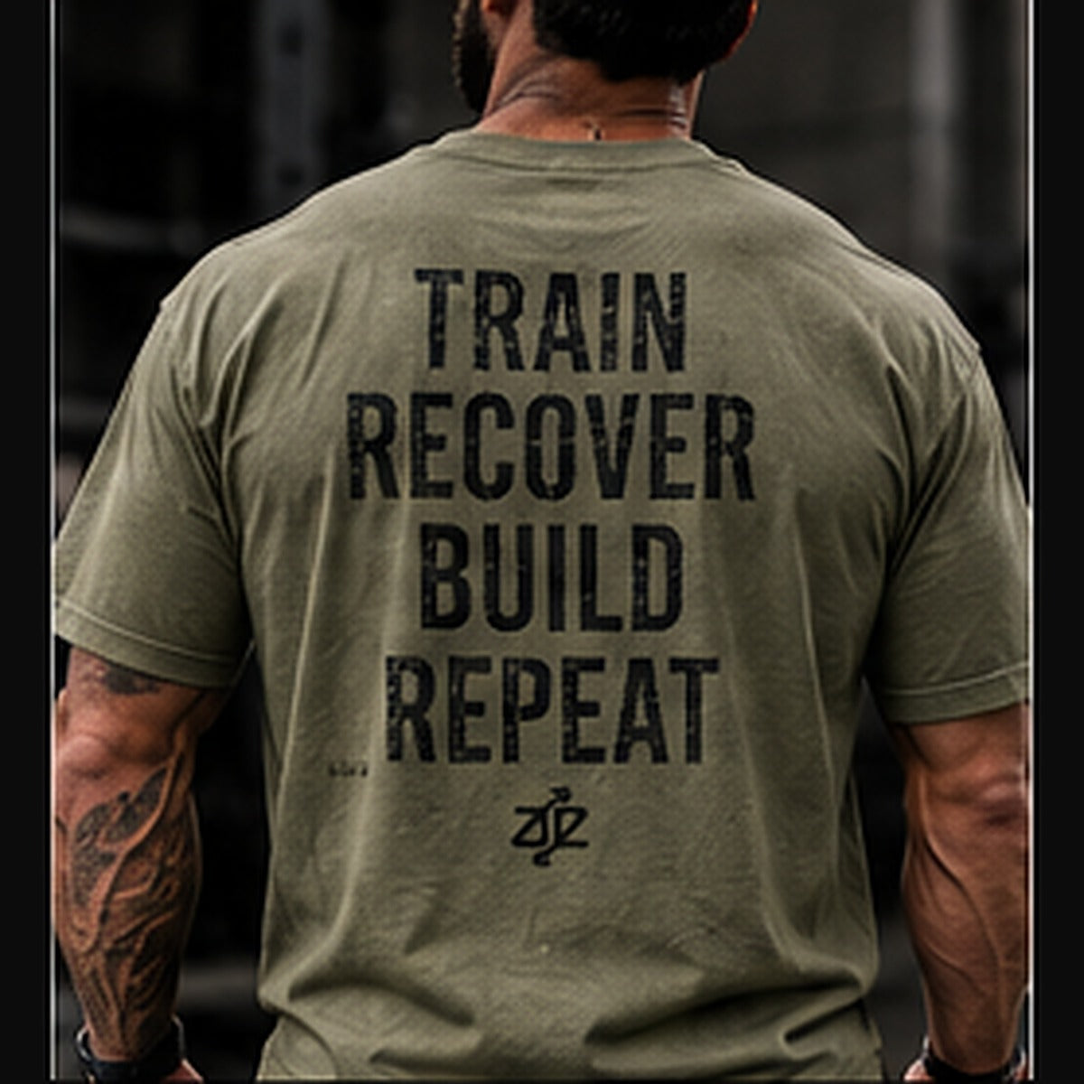 A&E Fitness Train Recover Build Repeat Tee, Military Green