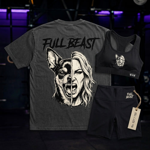 FULL BEAST capsule: washed black tee, sports bra and biker shorts