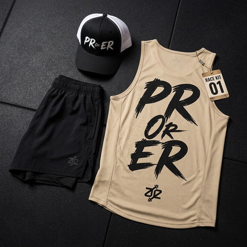 PR or ER Race Kit 01: sand singlet, black split shorts and trucker cap